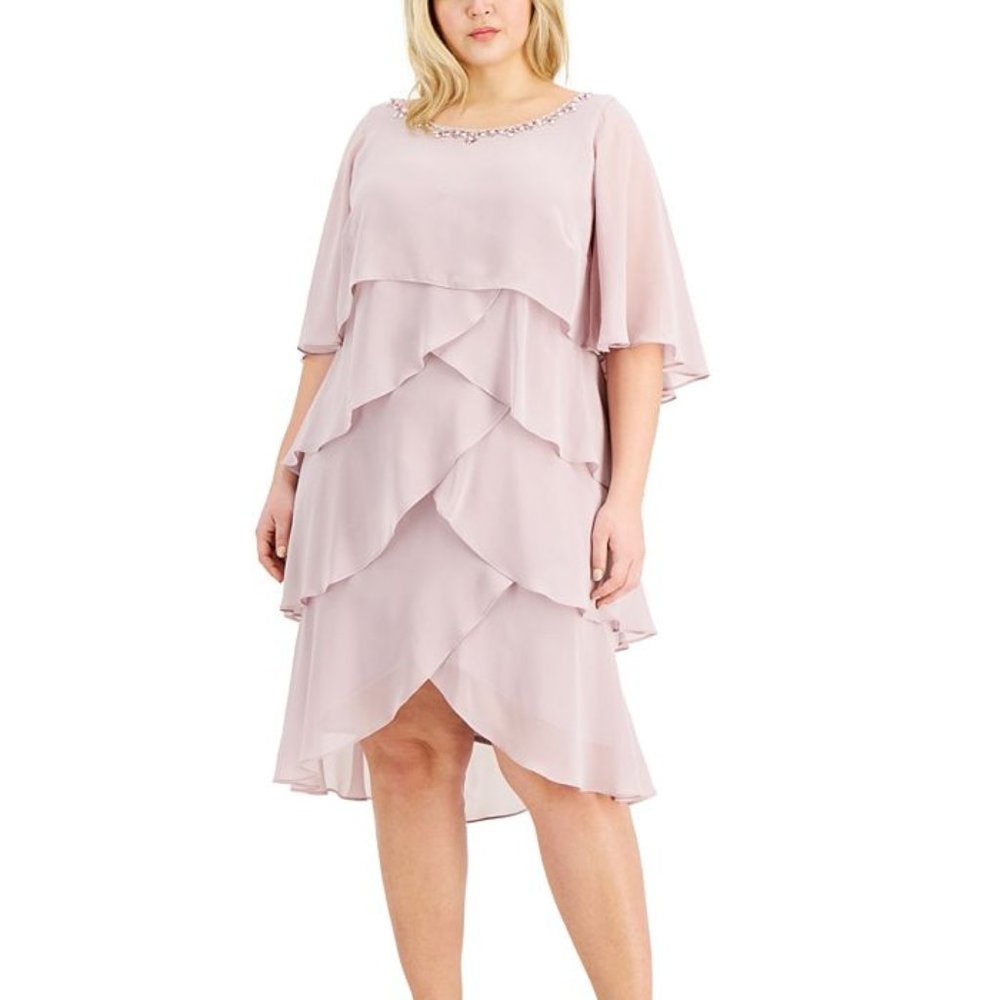 SL FASHIONS Beaded Tiered Cape Dress Lavender Frost Plus Size 22W